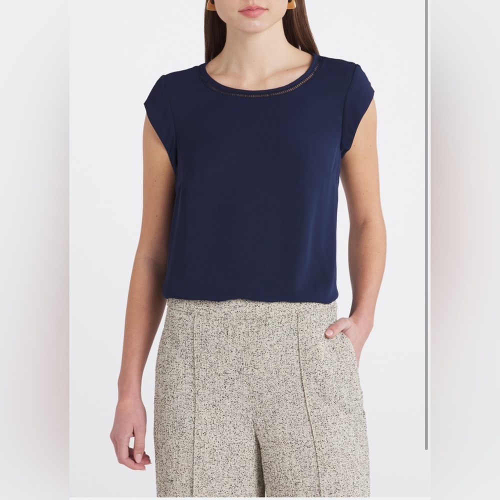 Navy Blue Women's Top with lattice trim. Size large
